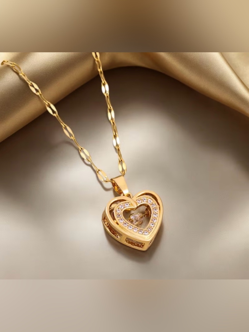 Gold Heart Pendant Necklace with Crystal Halo - Women Jewelry